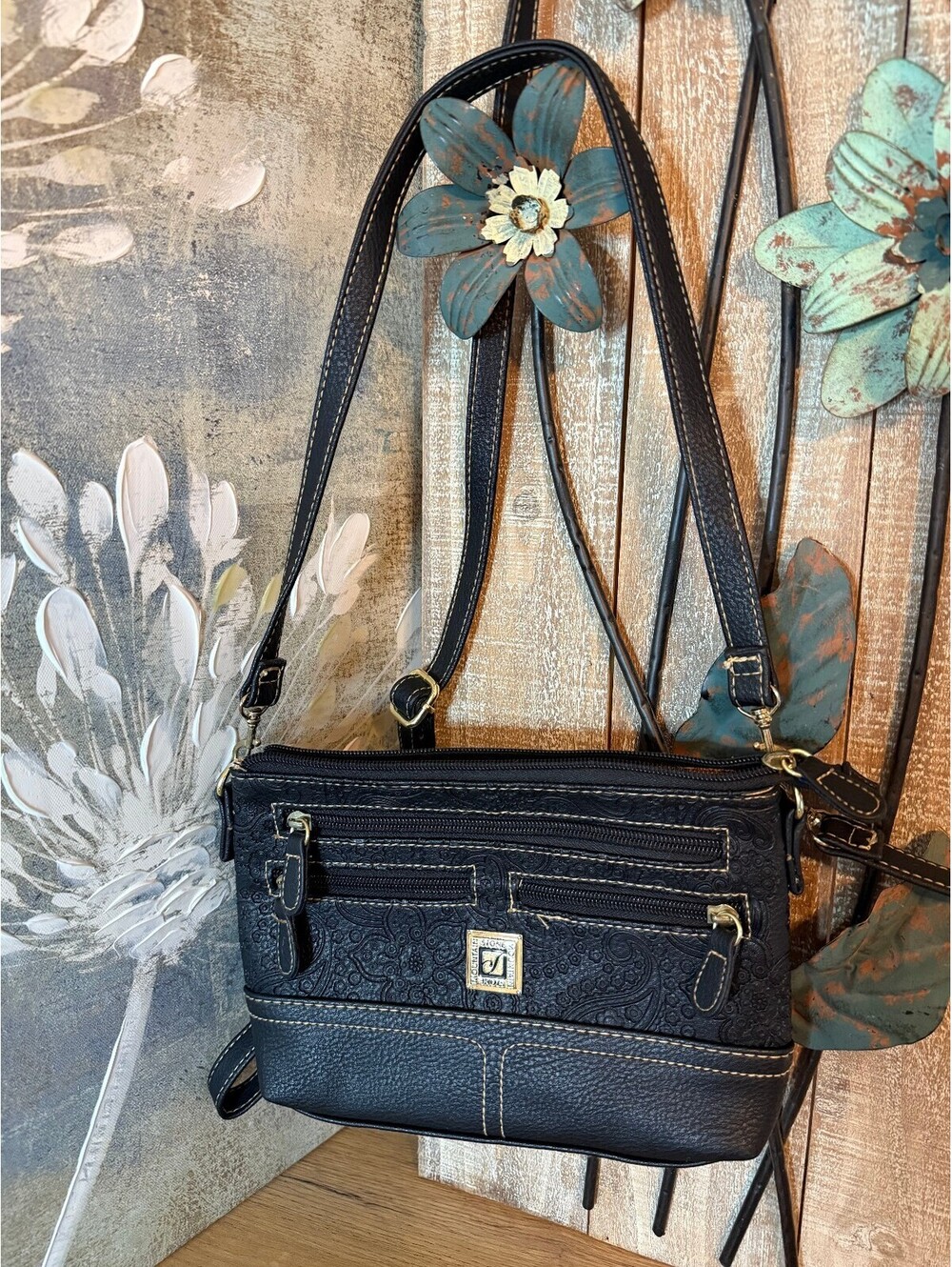 Stone Mountain Black Embossed Leather Crossbody Shoulder Bag